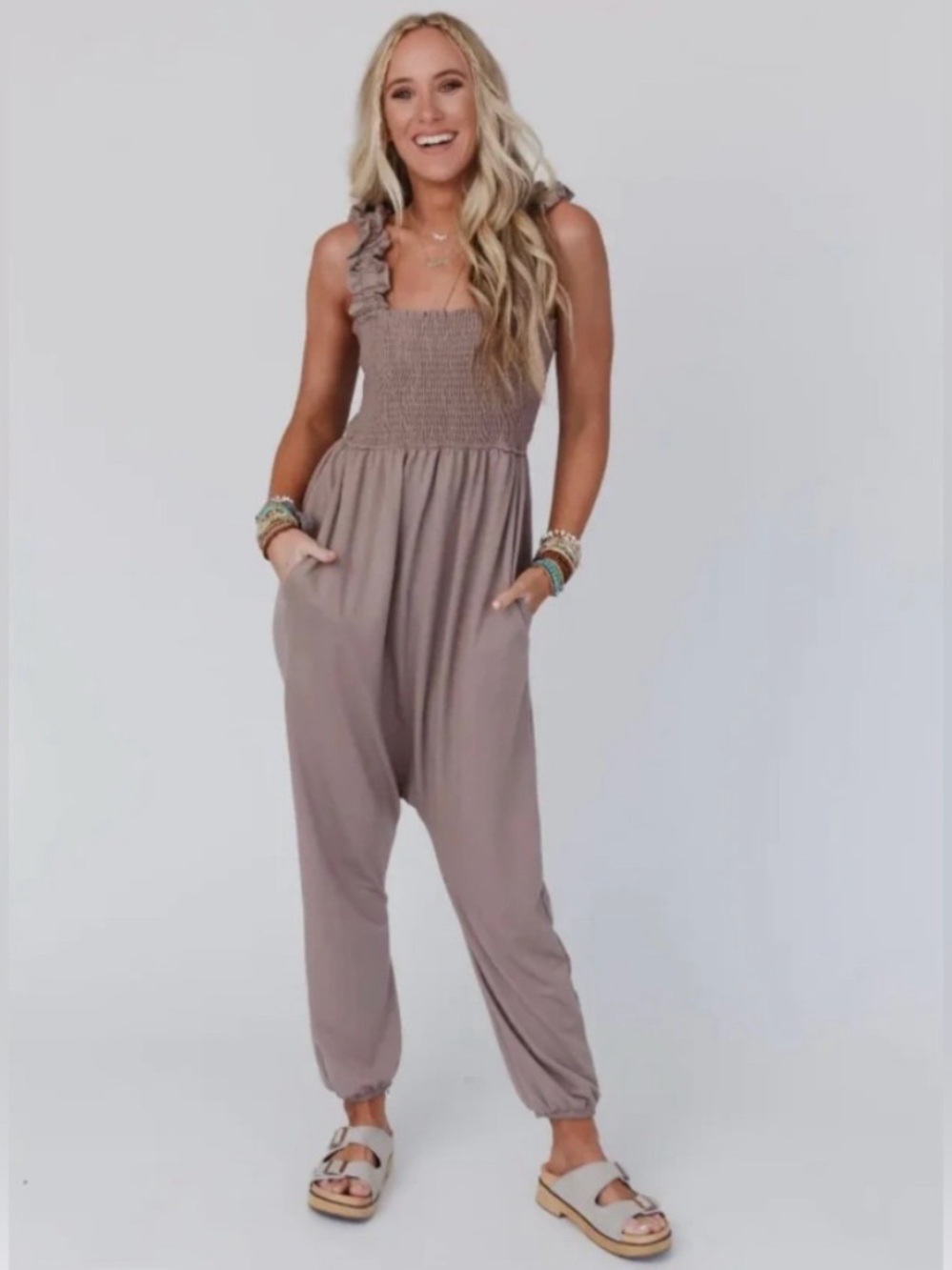 Three Bird Nest Smocked Strap Harem Jumpsuit - Taupe